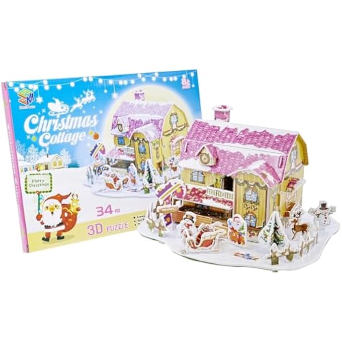 3D PUZZLE CHRISTMAS COLLECTION COZY CHRISTMAS COTTAGE UNIQUE & COLLECTIBLE MODEL ASSEMBLY BUILDING KIT FOR KIDS & ADULTS 34PCS - Image 1